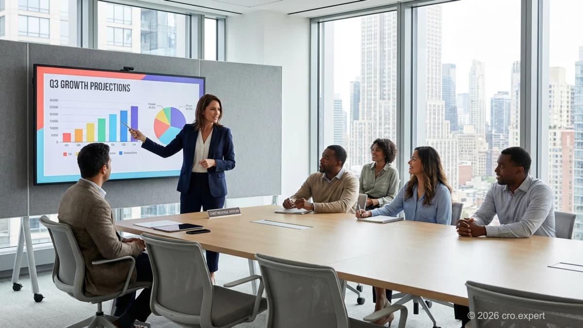 Chief Revenue Officer leading SaaS revenue strategy meeting